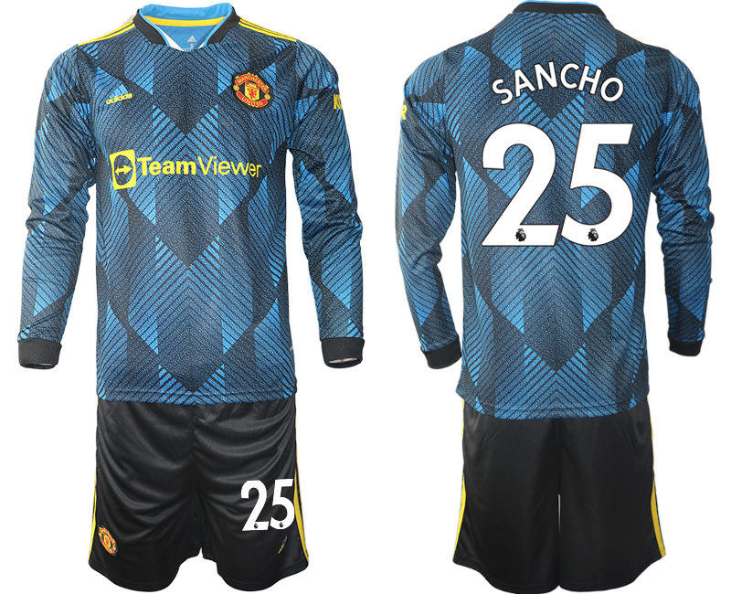 Men 2021-2022 Club Manchester united second away blue Long Sleeve #25 Soccer Jersey